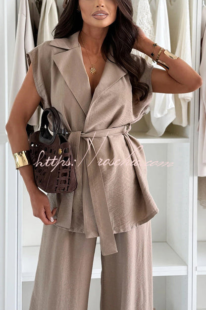 Darla Linen Blend Sleeveless Tie-up Lapel Top and Elastic Waist Wide Leg Pants Set