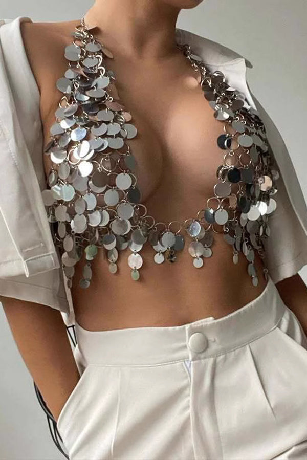 Sexy Silver Sequined Mesh Body Chain