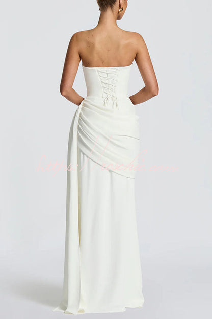 Matisse Strapless Pleated Cowl Overlay Back Lace-up Drape Panel Maxi Dress