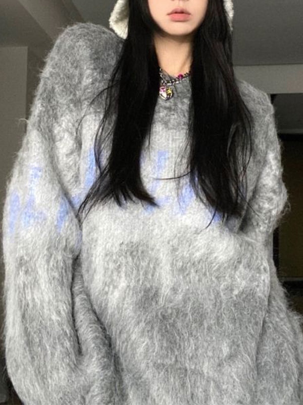 Fuzzy Contrast Color Print Oversized Sweater