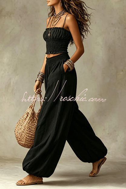 Olive Gypsy  pleated crop top and high-waisted wide-leg pants set