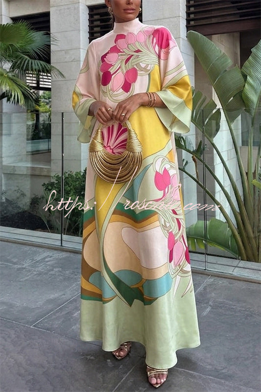 Darla Satin Colorful Baroque Style Printed Tie-up Neck Bell Sleeve Maxi Dress
