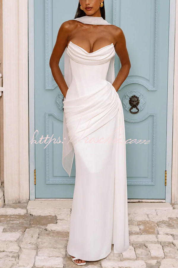 Matisse Strapless Pleated Cowl Overlay Back Lace-up Drape Panel Maxi Dress