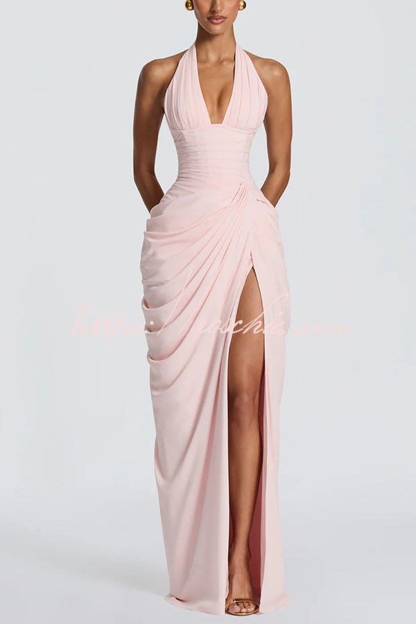 Minette Halter Back Lace-up Asymmetrical Pleats Slit Maxi Dress