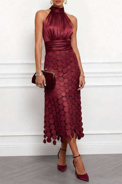Janice Satin Ruched Halter Neck Sleeveless Embroidered Polka Dot Hem Midi Dress(Buy 2 Get Free Shipping)