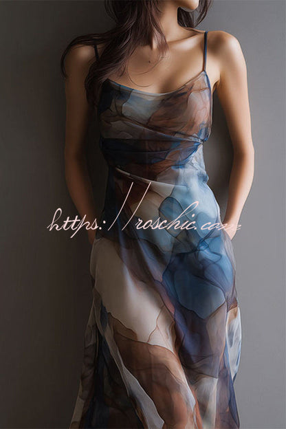 Monet's Dream Abstract Watercolor Cowl Neck Maxi Dress