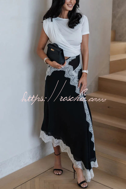 Verve Twisted Drape Across Tee Chiffon Lace Trim Hem Maxi Dress