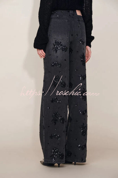 Jhenie Denim Beaded Sequin Floral Pattern Mid Rise Pocket Wide Leg Jeans