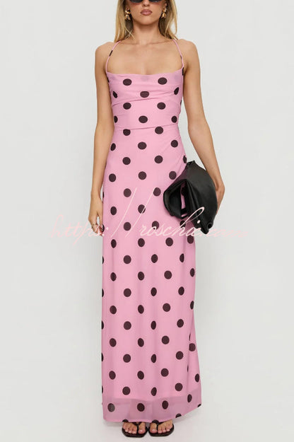 Polka Dot Print Halter Neck Backless Tie Elegant Slim-fit Maxi Dress