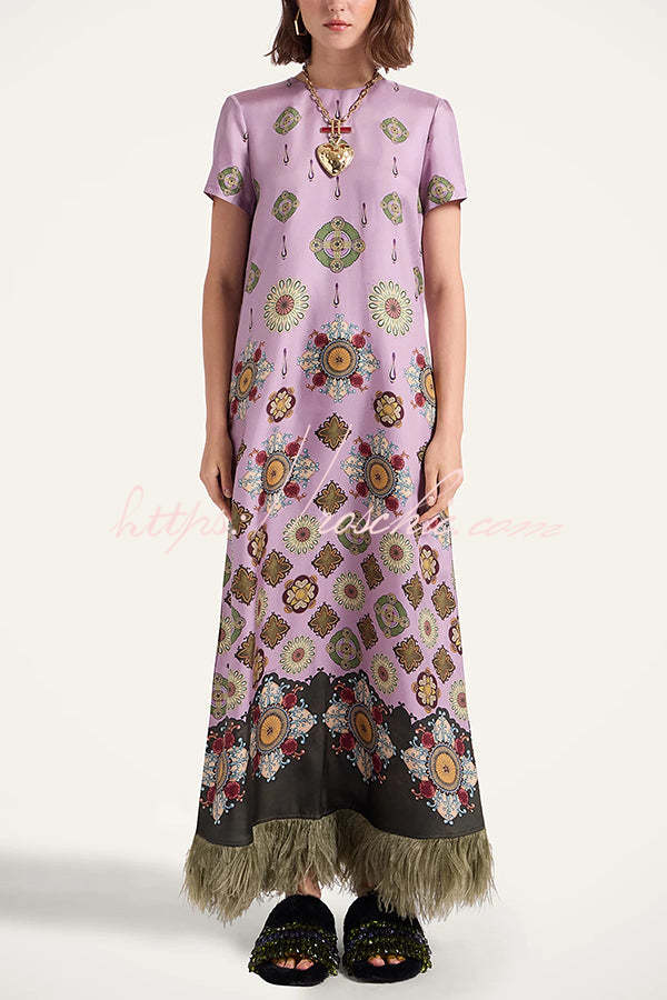 Lucia Satin Baroque Court Style Printed Short Sleeve Pocket Feather Trim Maxi Dress