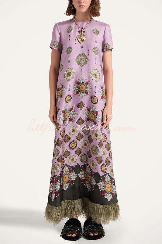 Lucia Satin Baroque Court Style Printed Short Sleeve Pocket Feather Trim Maxi Dress