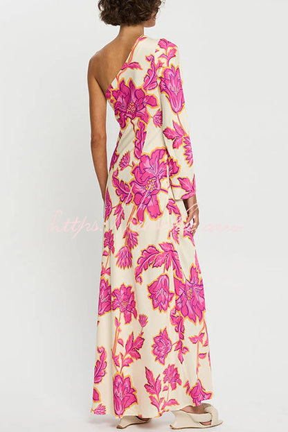 Rhia Satin Floral Print One Shoulder Flared Maxi Dress