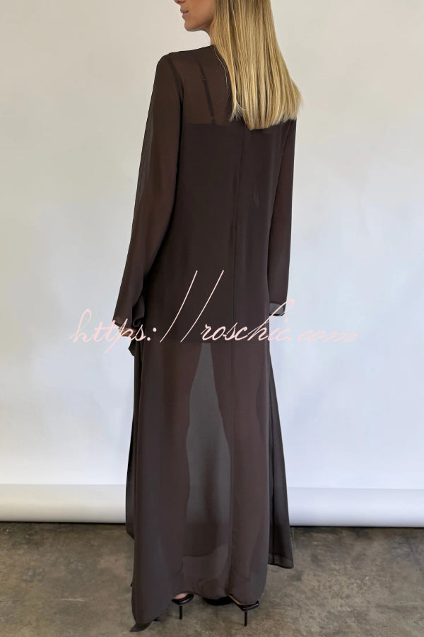 Fashionable Mesh See-through Round Neck Long Sleeve Tie Bow Slit Maxi Dress