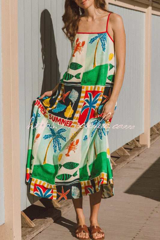Summer-themed Printed Square Neck Sleeveless Pocket Loose Maxi Dress