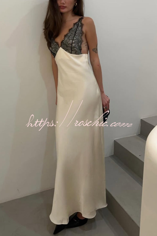Fashionable Satin Lace Patchwork Spaghetti Strap Backless Elegant Slim-fit Maxi Dress