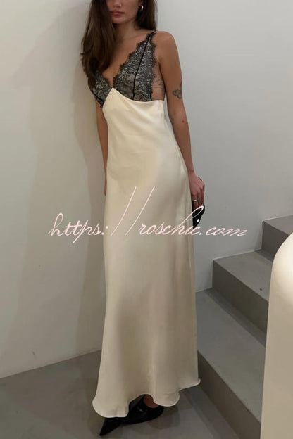 Fashionable Satin Lace Patchwork Spaghetti Strap Backless Elegant Slim-fit Maxi Dress