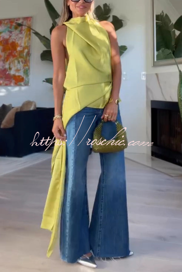Misty Aura Satin Halter Tie-up Neck Open Back Drape Hem Top