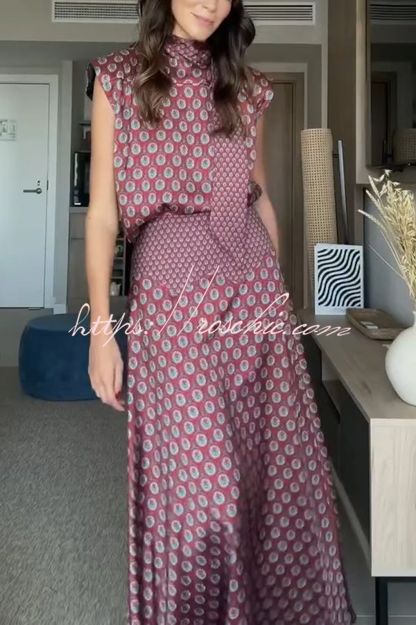 Dalena Satin Art Print High Tie-up Neck Short Sleeve Top and High Rise Maxi Skirt Set