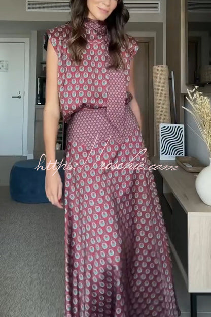 Dalena Satin Art Print High Tie-up Neck Short Sleeve Top and High Rise Maxi Skirt Set