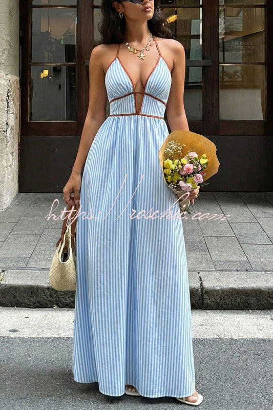 Striped Print V-Neck Sleeveless Backless Holiday Maxi Dress