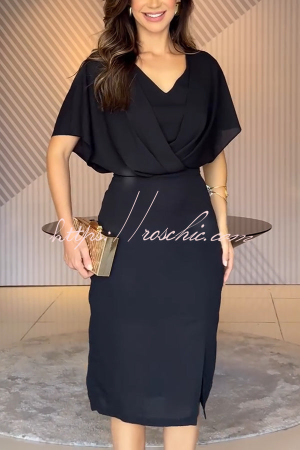 Mystic Moment Chiffon Slit Batwing Sleeve Pencil Midi Dress