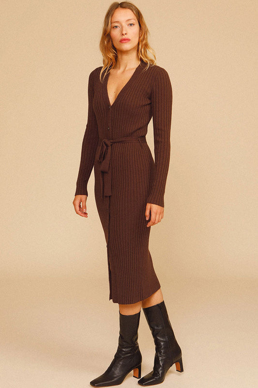 Deep V Button Up Long Sleeve Winter Rib Sweater Midi Dress - Coffee