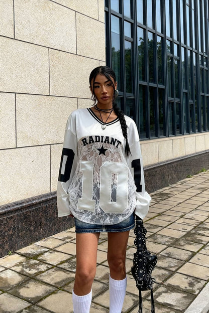 Lace Sheer V Neck Print Sweatshirt