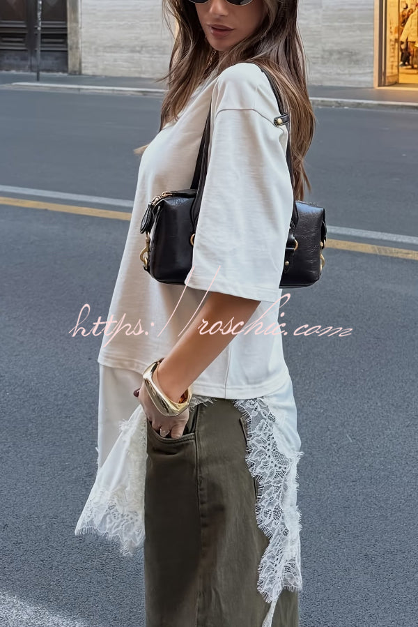 Stylish Round Neck Short-sleeved Patchwork Lace Hem Loose T-shirt