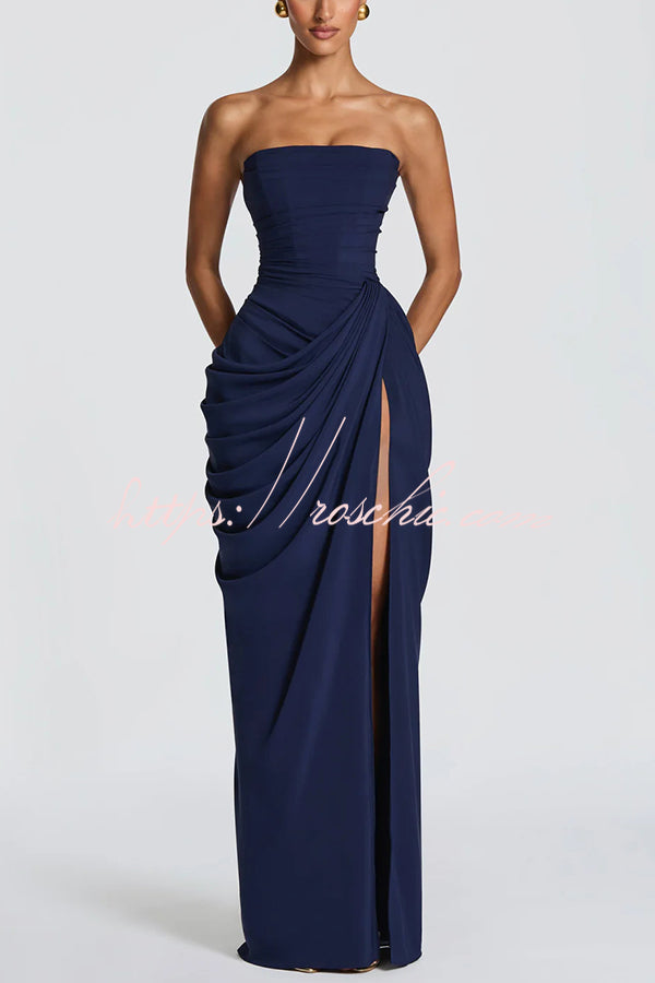 Cyra Back Lace-up Asymmetrical Pleats Strapless Slit Maxi Dress(Buy 2 Get Free Shipping)