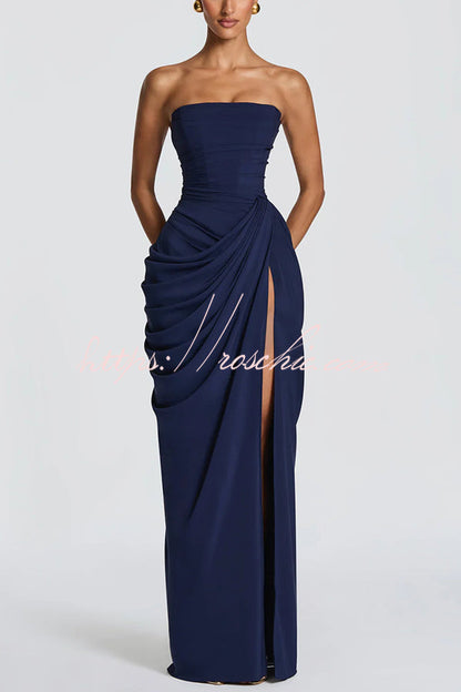 Cyra Back Lace-up Asymmetrical Pleats Strapless Slit Maxi Dress(Buy 2 Get Free Shipping)