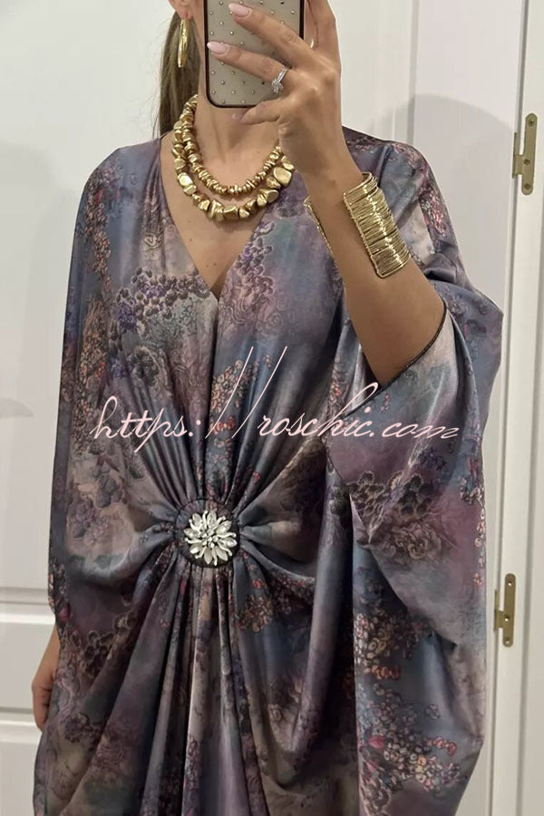 Airy Satin Unique Print V-neck Gemstone Embellished Drape Robe Maxi Dress