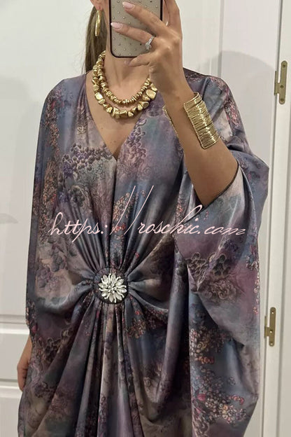 Airy Satin Unique Print V-neck Gemstone Embellished Drape Robe Maxi Dress