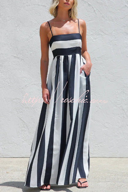 Color-blocked Striped Print Square Neck Suspender Casual Pocket Maxi Dress