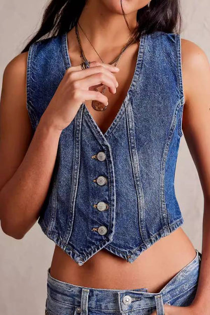 Vintage Distressed Waist-Cinched Sleeveless Denim Vest