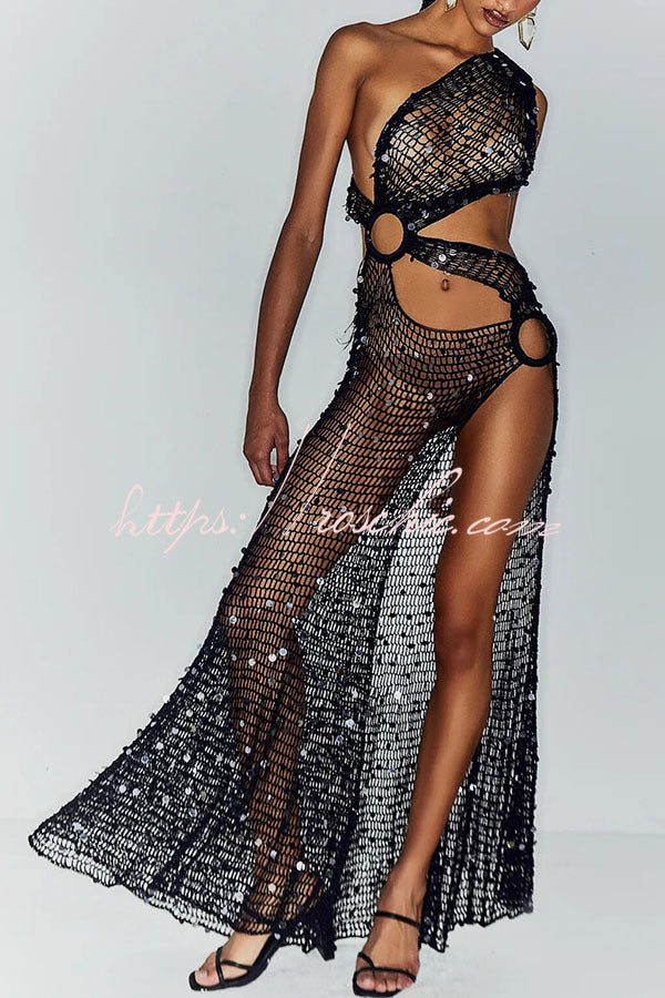 Sunshine Baby Knit Hollow Out Sequin One Shoulder Ring Detail Slit Cover-up Maxi Dress