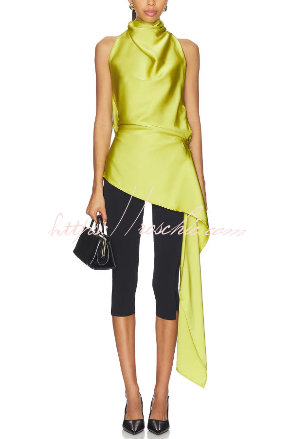 Misty Aura Satin Halter Tie-up Neck Open Back Drape Hem Top