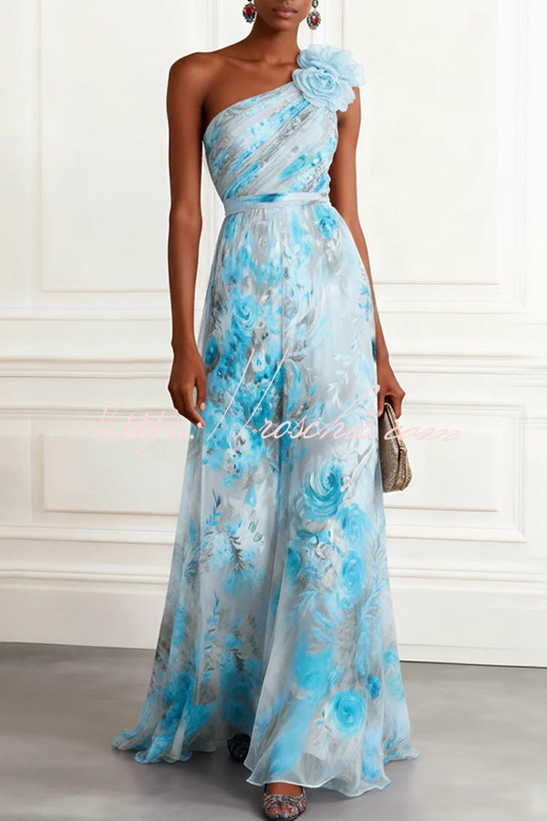 Verne Chiffon 3D Floral One Shoulder Pleated Sleeveless A-Line Gown Maxi Dress