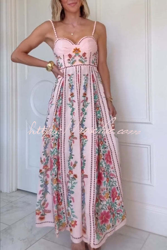 Linen Blend Delicate Forest Unique Print Sweetheart Neck Beaded Straps Maxi Dress