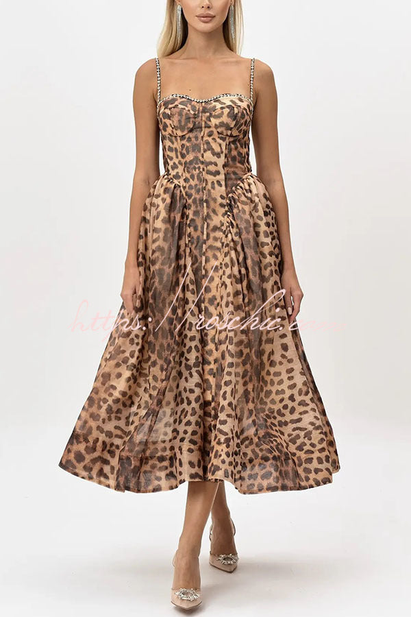 Jessika Leopard Print Rhinestone Trim Back Smocked Pocket Slip Midi Dress