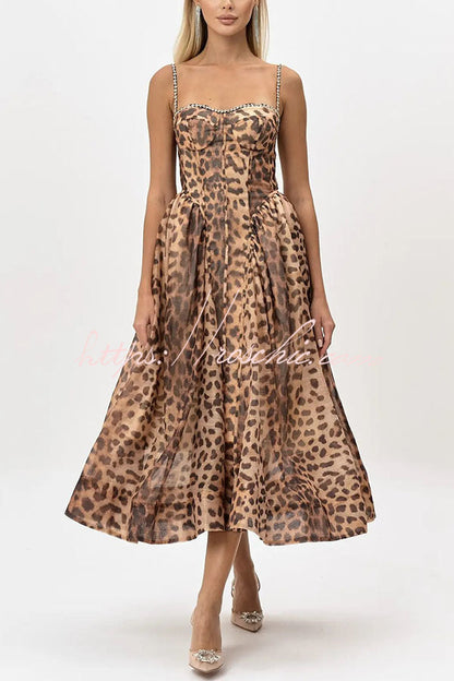 Jessika Leopard Print Rhinestone Trim Back Smocked Pocket Slip Midi Dress