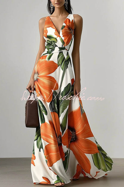 Floral Print V-neck Sleeveless Fitted Waist Vacation Maxi Dress