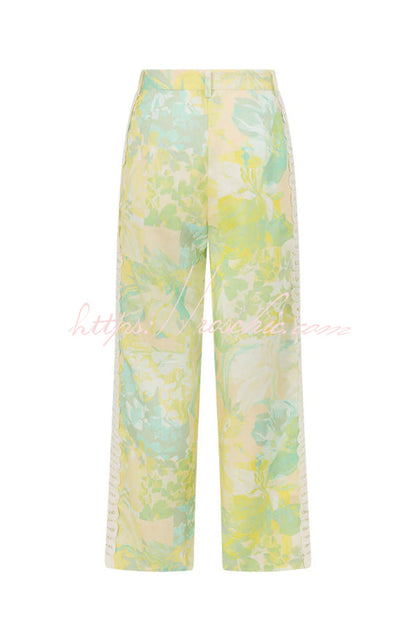 Summer Elegant Printed Curved Crochet Trim Camisole Top and Elastic Waist Casual Pocket Wide-leg Pants Set