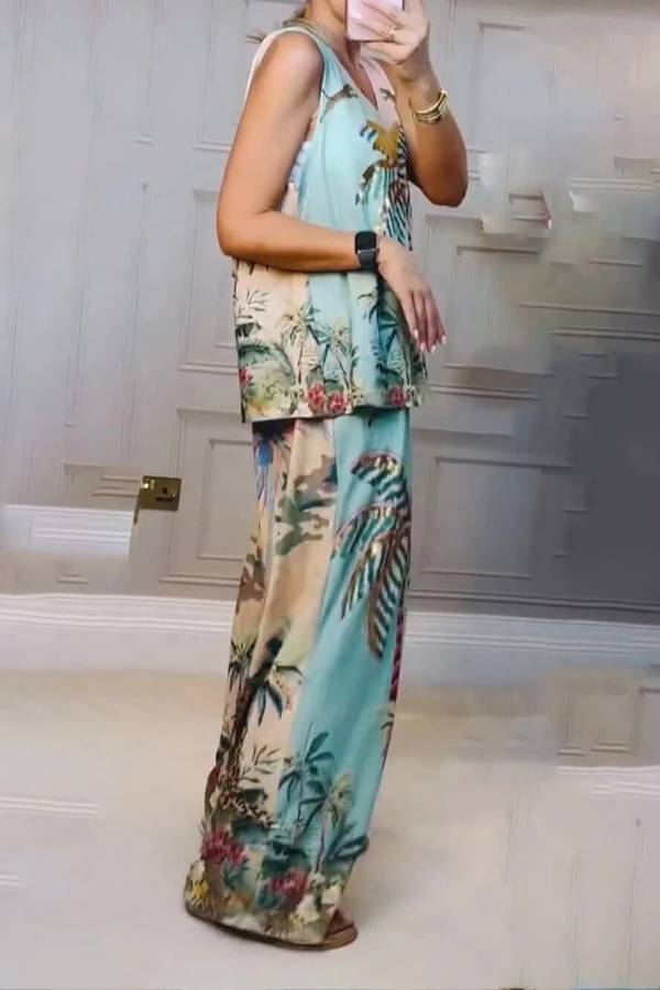 Unique Palm Tree Print Elastic Waist Loose Wide-Leg Pants