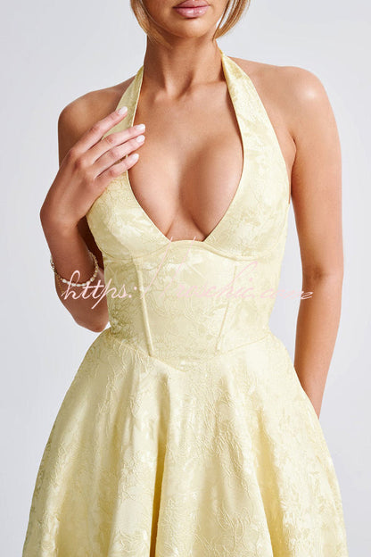 Stylish Jacquard Halter Neck Fitted Waist Open Back Elegant Midi Dress