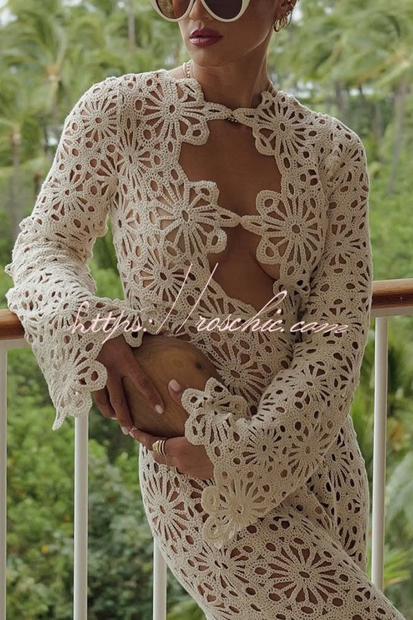 Easy Resort Knit Crochet Cutout Long Sleeve Reversible Vacation Maxi Dress