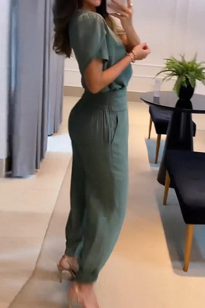 Jemma Puff Sleeve Top and High Waist Pocketed Cuffed Pants Set