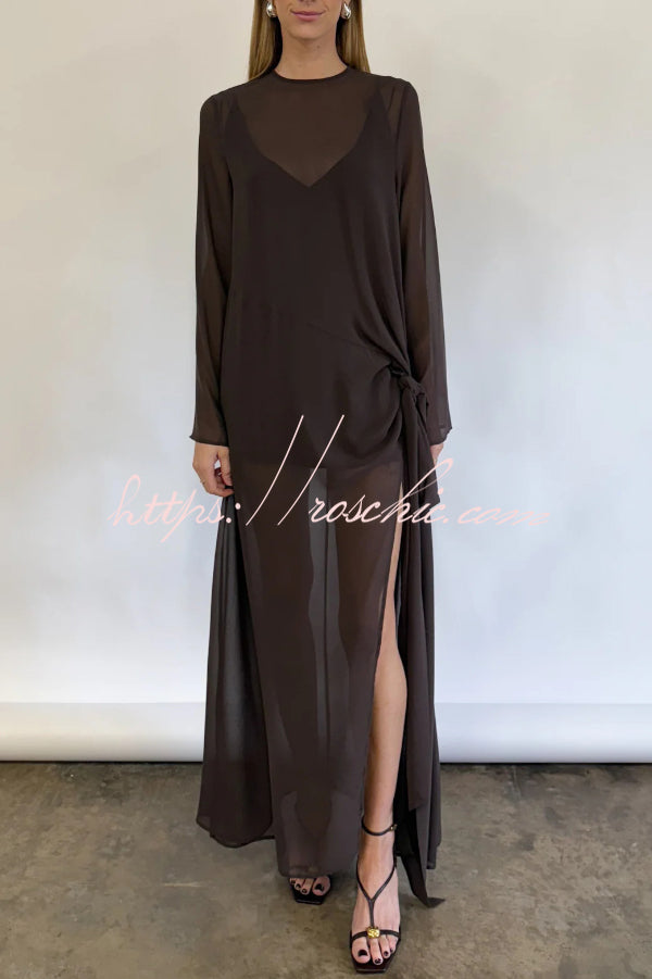 Fashionable Mesh See-through Round Neck Long Sleeve Tie Bow Slit Maxi Dress