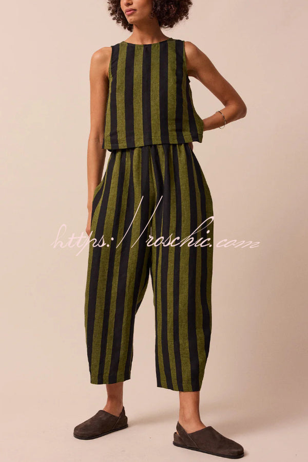 Striped Printed Crew Neck Sleeveless Top and Elastic Waist Wide-leg Pants Set