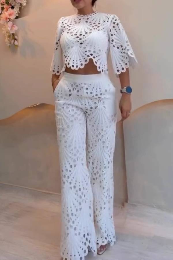 White Eyelet Embroidery Stand Collar Crop Top & Wide Leg Pants Two-Piece Set