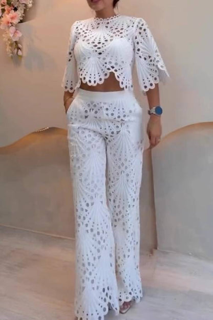 White Eyelet Embroidery Stand Collar Crop Top & Wide Leg Pants Two-Piece Set